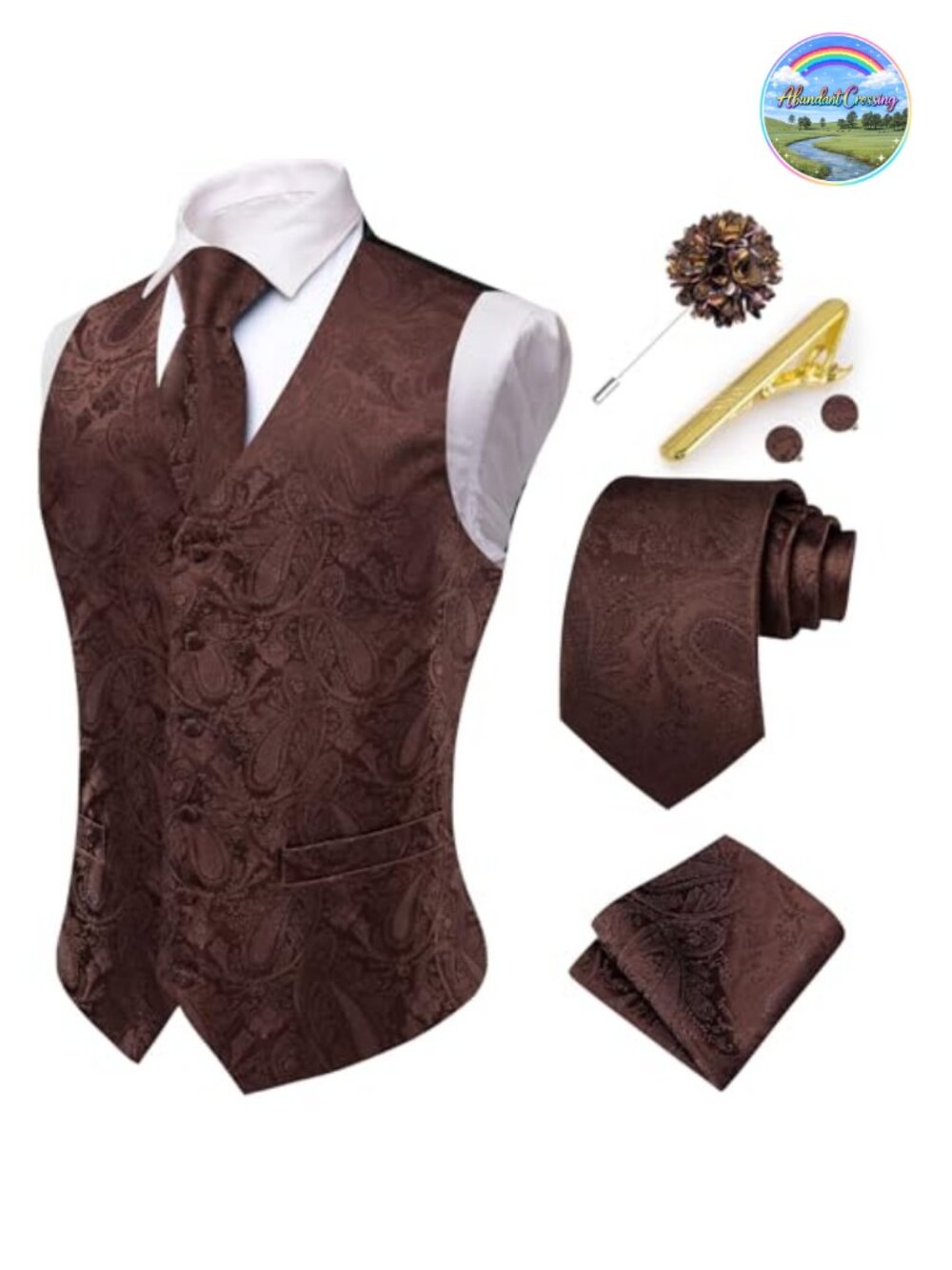 Men's Paisley Suit Vest 6-Piece Set with Tie Clip Pocket Square Lapel Pin